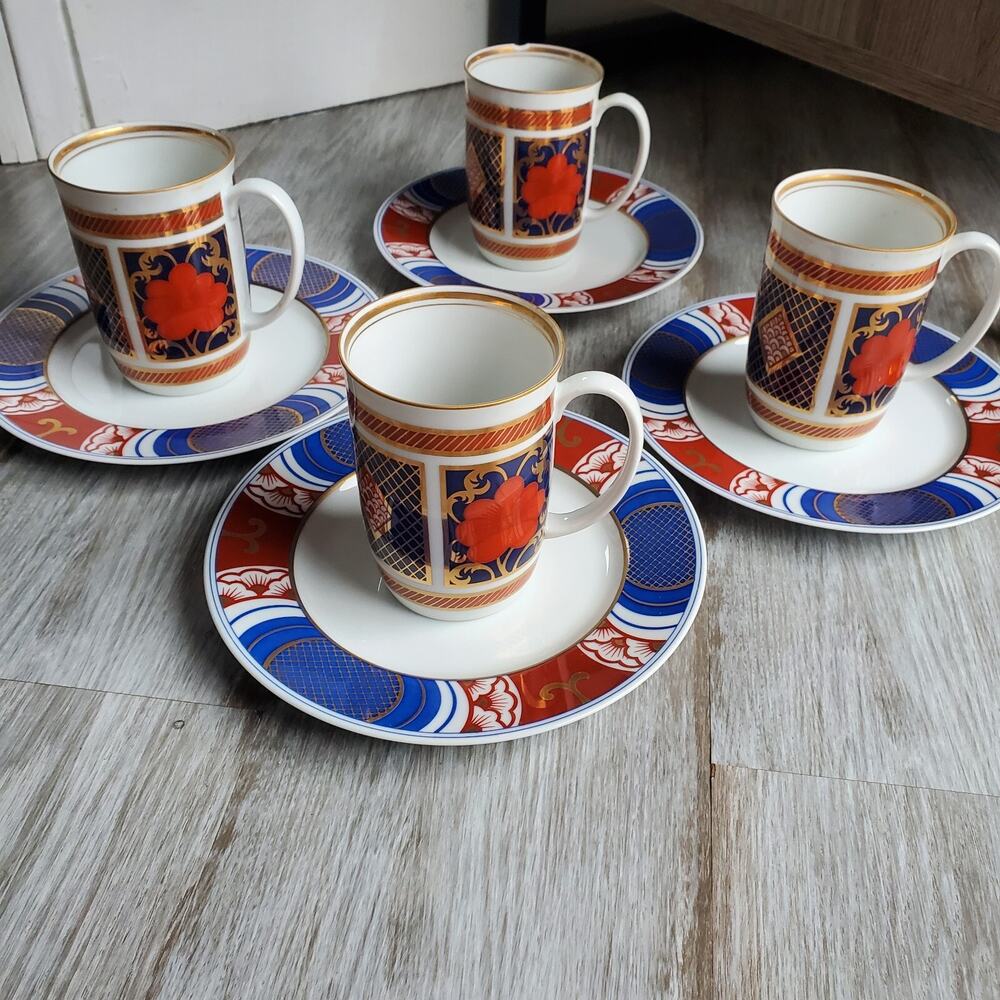 Vintage Fitz and Floyd Japanese Gold Trim Coffee Mugs w/ Saucers Set of 4